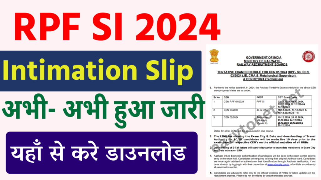 RPF SI Admit Card 2025 Download:  Intimation Slip, Exam City & Date for 452 Post